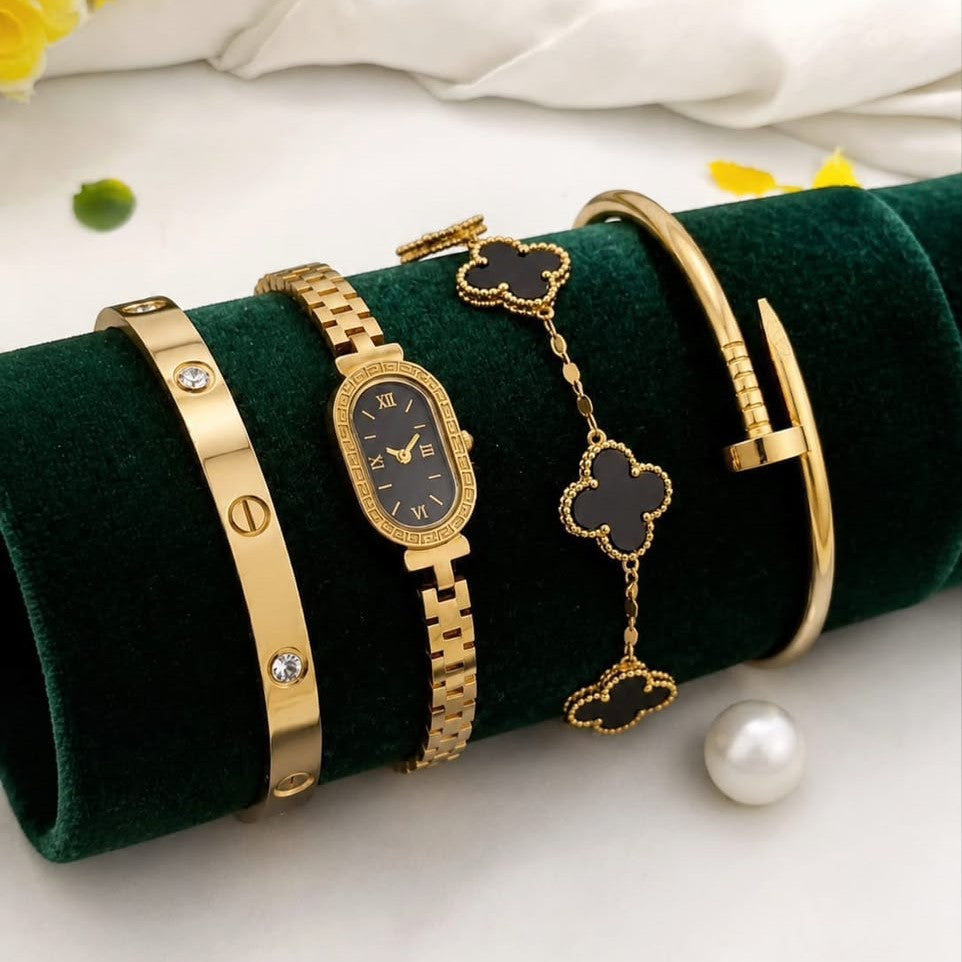 Stainless Steel 4-Piece Bracelet, Watch & Bangle Set