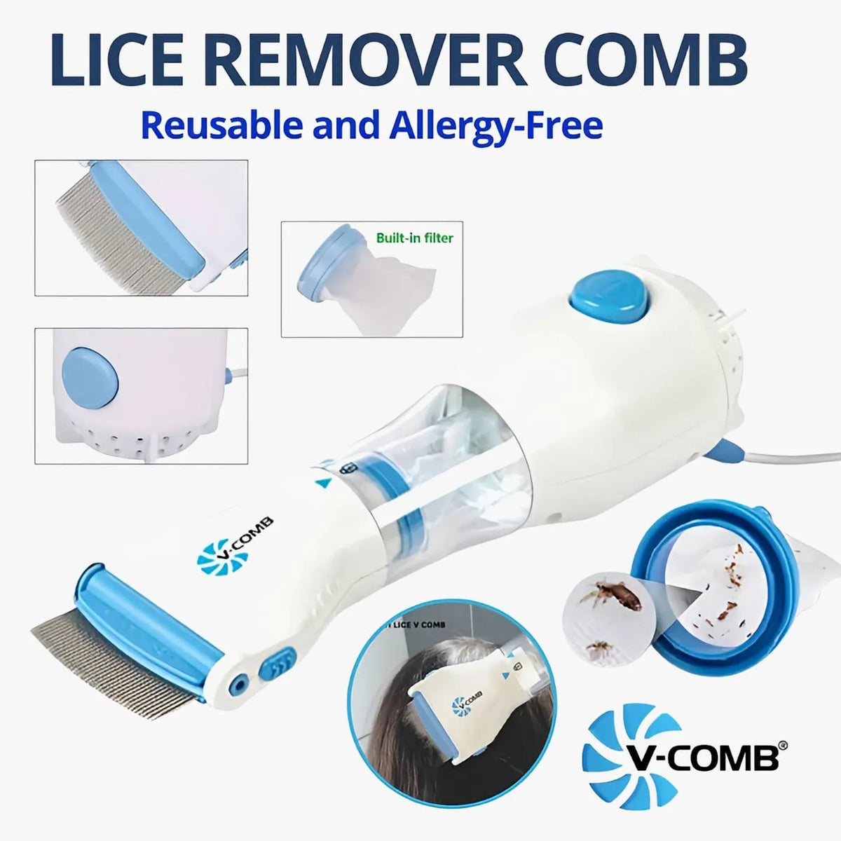 V Comb Electronic Head Lice Removal Machine – Anti-Lice Comb with 4 Filters