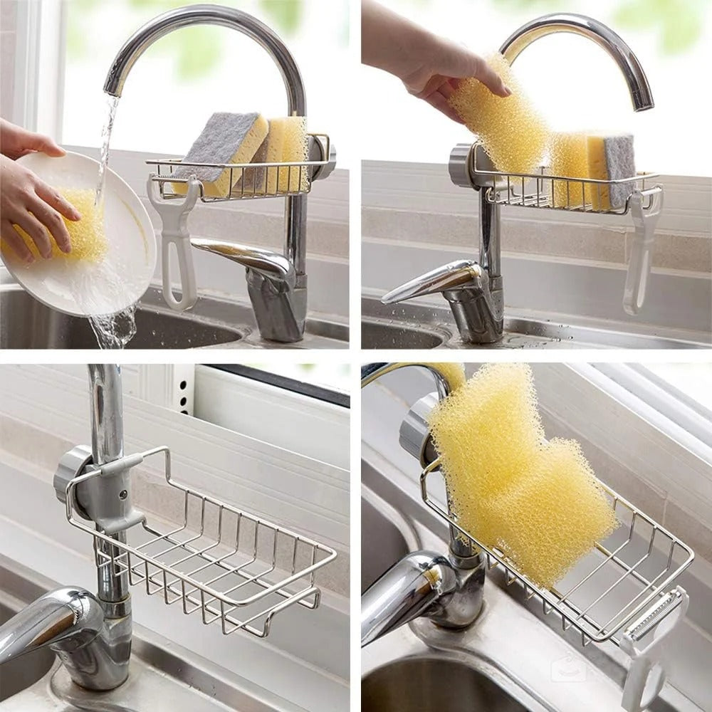Stainless Steel Sink Faucet Organizer – Kitchen Sponge Holder & Soap Rack